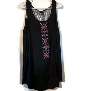 Torrid womens top, Black challis embellished mesh tank top, size 1